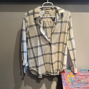 LOFT CHECKED HALF BUTTON UP BLOUSE SIZE S